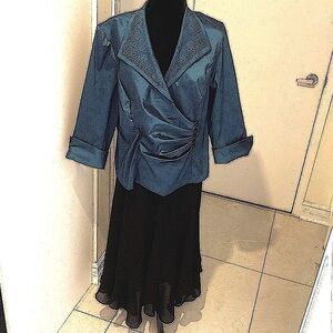 R&M RICHARDS Formal Chiffon Skirt & Blouse in Teal Blue & Black Size 18W